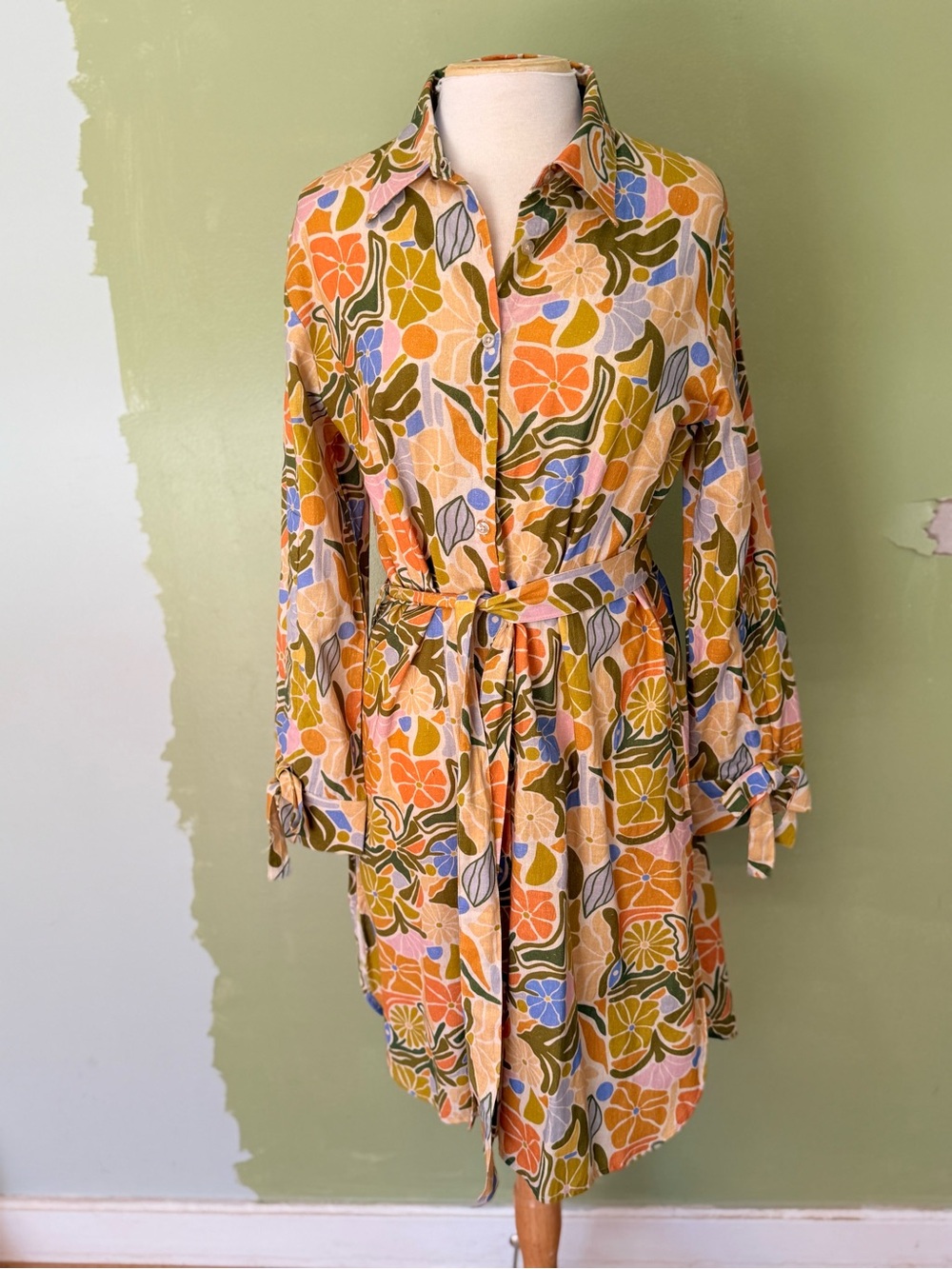Farylina Linen Floral Button-Front Shirt Dress with Tie Waist - Multicolor